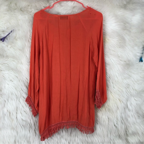 Ladies Orange Tunic w/Crochet Tassel Cuffs & Hem; Asymmetrical Hem; Embroidery M - Picture 4 of 8